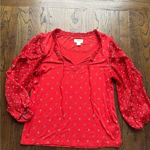 Anthropologie Red Blouse with Patterned Sleeves